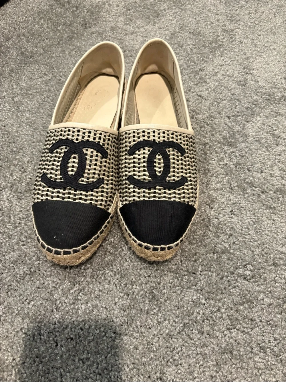 CHANEL Black and Natural Woven Espadrille Flats